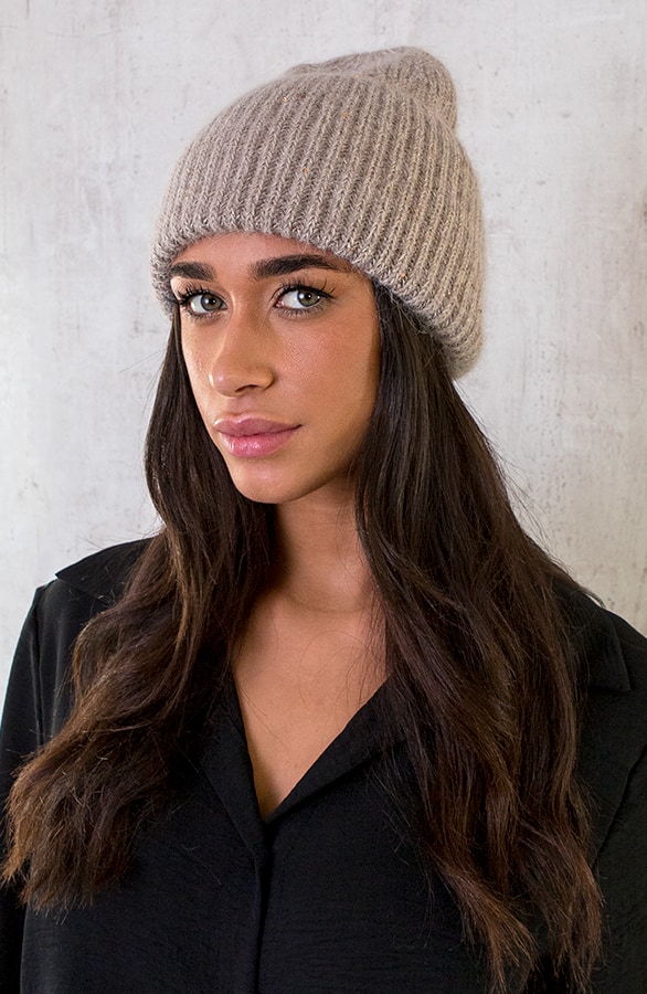 Knitted Pailletten Beanie Taupe – shoparchief, foto 4