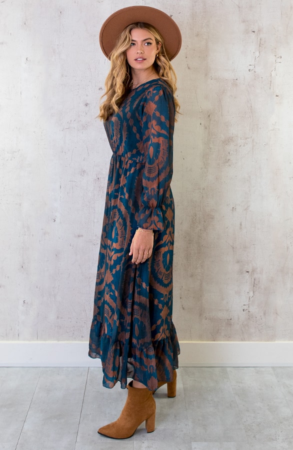 Maxi Ruffle Jurk Print Bruin Petrol – shoparchief, foto 6