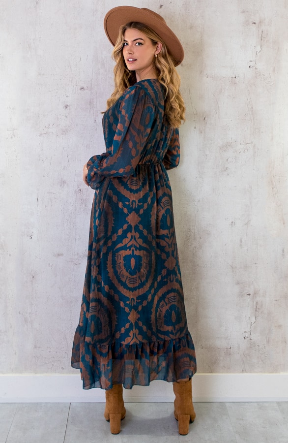 Maxi Ruffle Jurk Print Bruin Petrol – shoparchief, foto 7