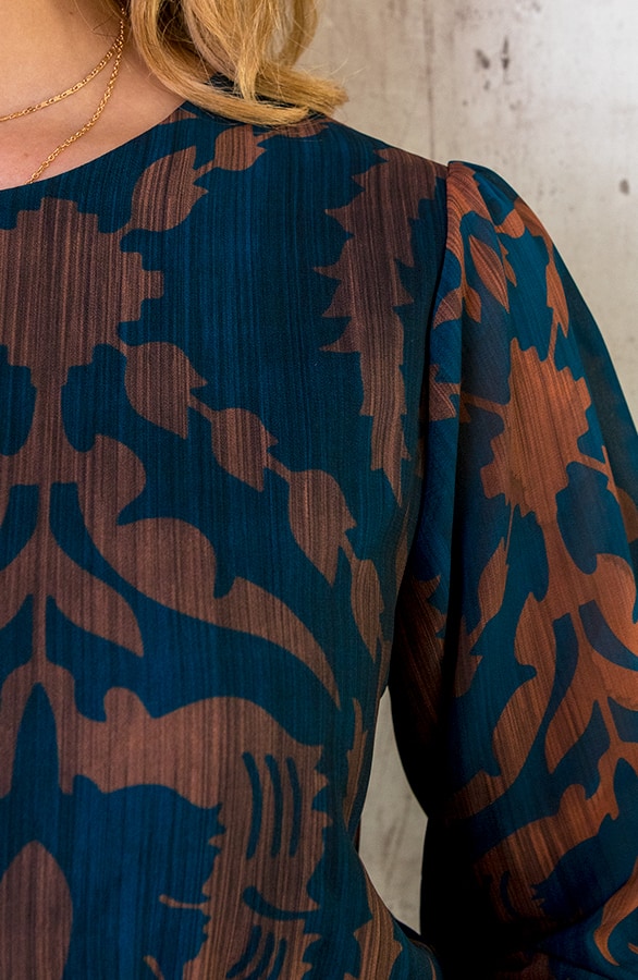 Maxi Ruffle Jurk Print Bruin Petrol – shoparchief, foto 8