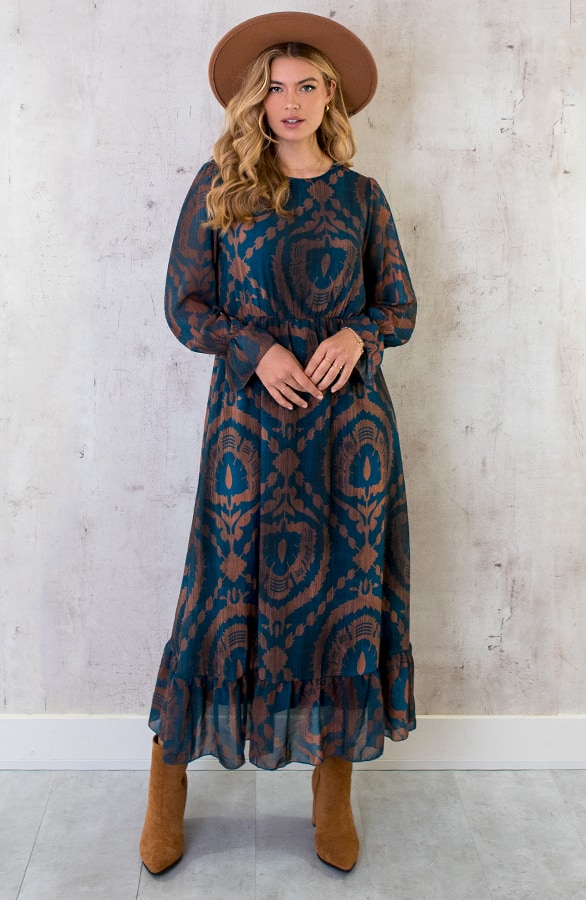 Maxi Ruffle Jurk Print Bruin Petrol – shoparchief