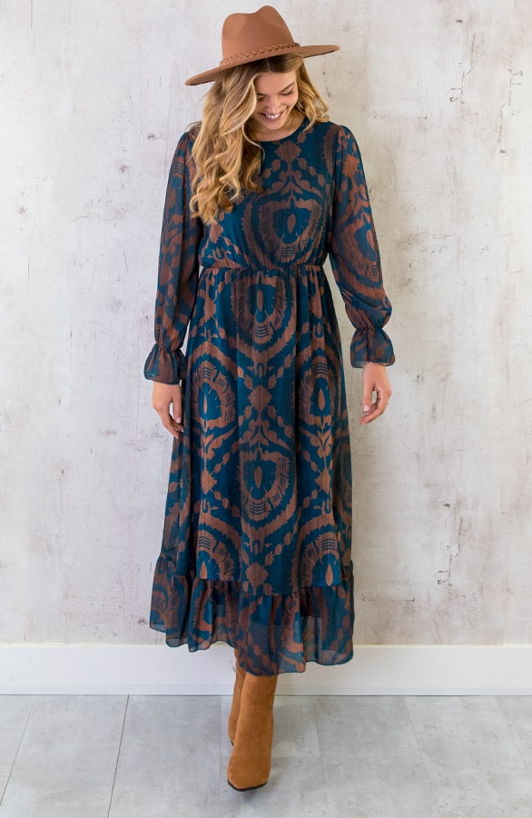 Maxi Ruffle Jurk Print Bruin Petrol – shoparchief, foto 5
