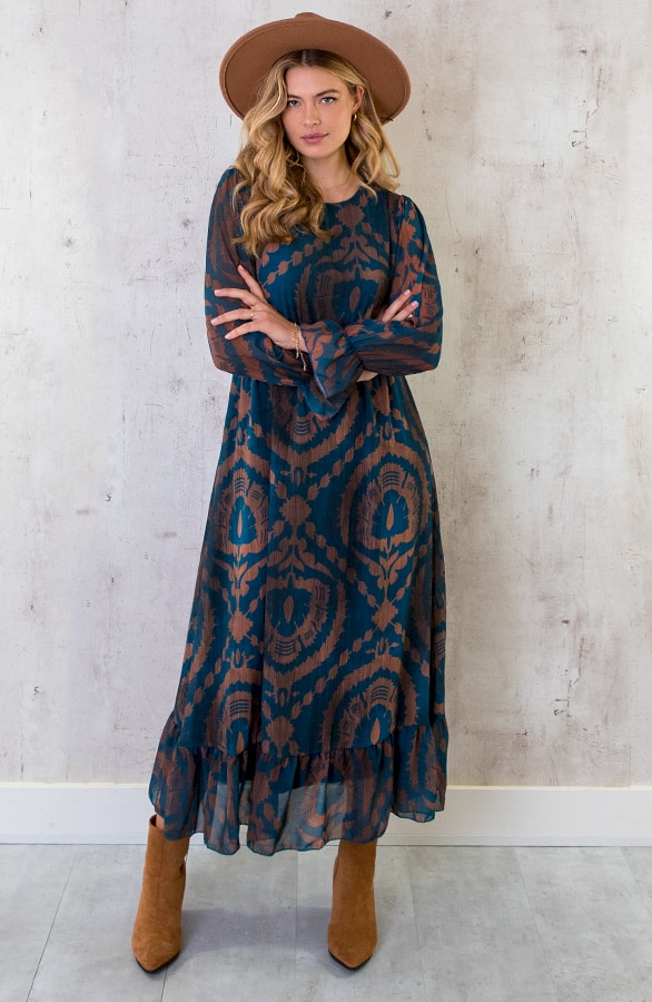 Maxi Ruffle Jurk Print Bruin Petrol – shoparchief, foto 4