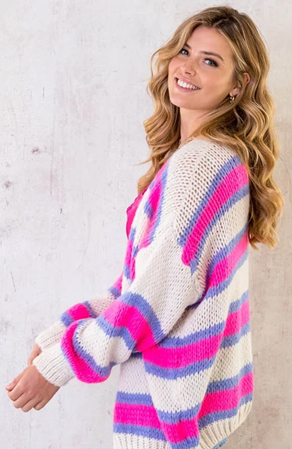 Oversized Knitted Strepen Vest Neon Lila – shoparchief, foto 3