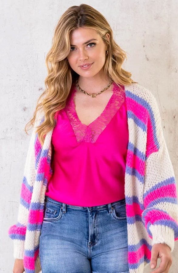Oversized Knitted Strepen Vest Neon Lila – shoparchief, foto 2