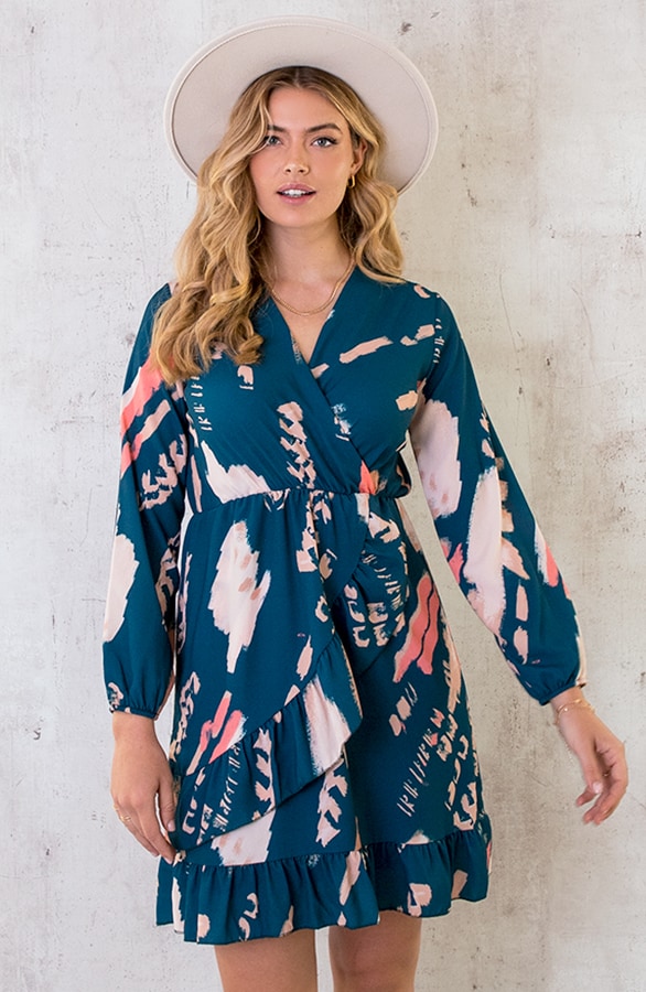 Overslag Print Jurk Petrol – shoparchief, foto 3