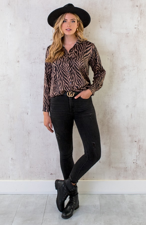 Silk Zebra Blouse Camel – shoparchief, foto 8