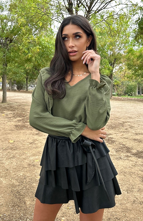 Basic V-hals Ruffle Blouse Army – shoparchief, foto 3