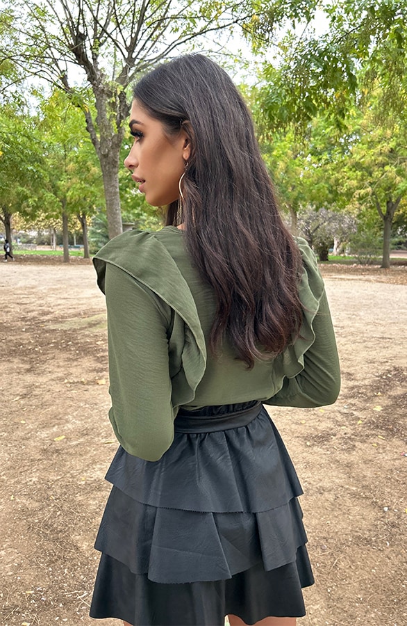 Basic V-hals Ruffle Blouse Army – shoparchief, foto 5