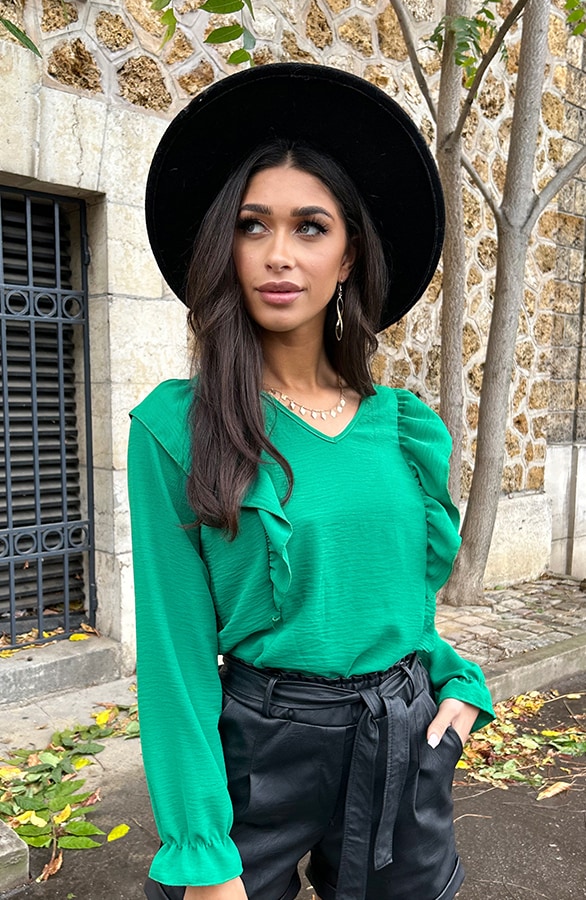 Basic V-hals Ruffle Blouse Bright Green – shoparchief