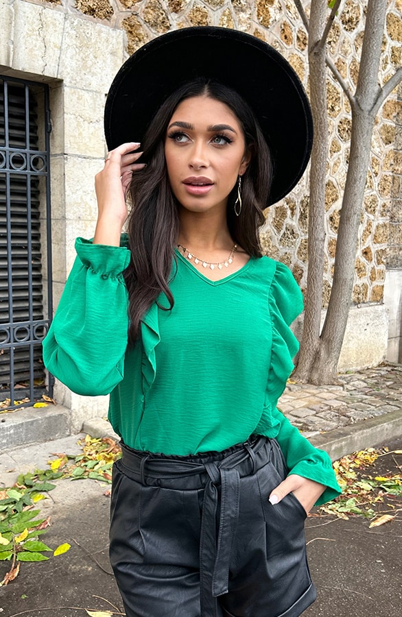Basic V-hals Ruffle Blouse Bright Green – shoparchief, foto 2