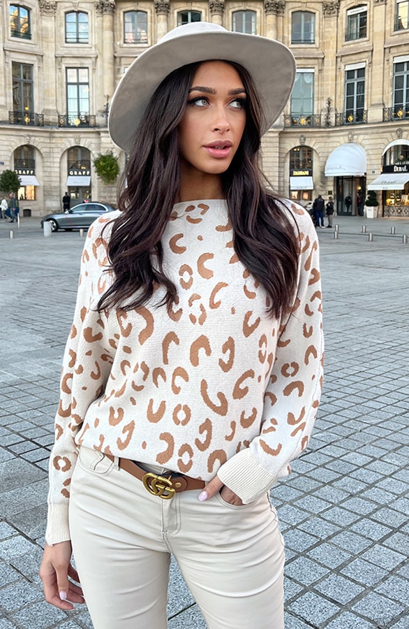 Leopard Oversized Trui Ecru Camel – shoparchief