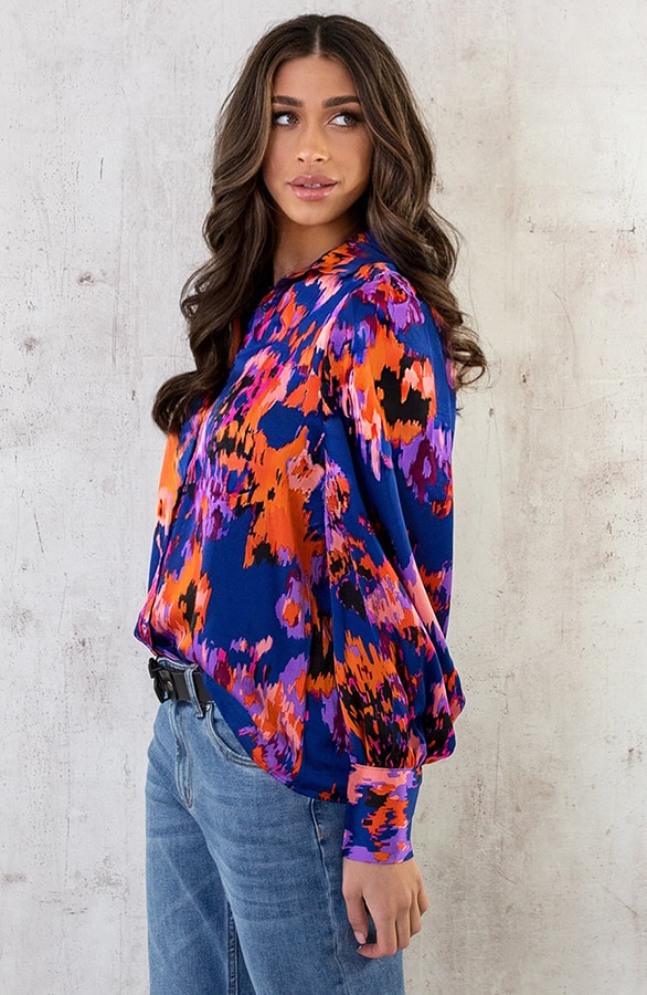 Knopen Print Blouse Kobalt Oranje – shoparchief, foto 5