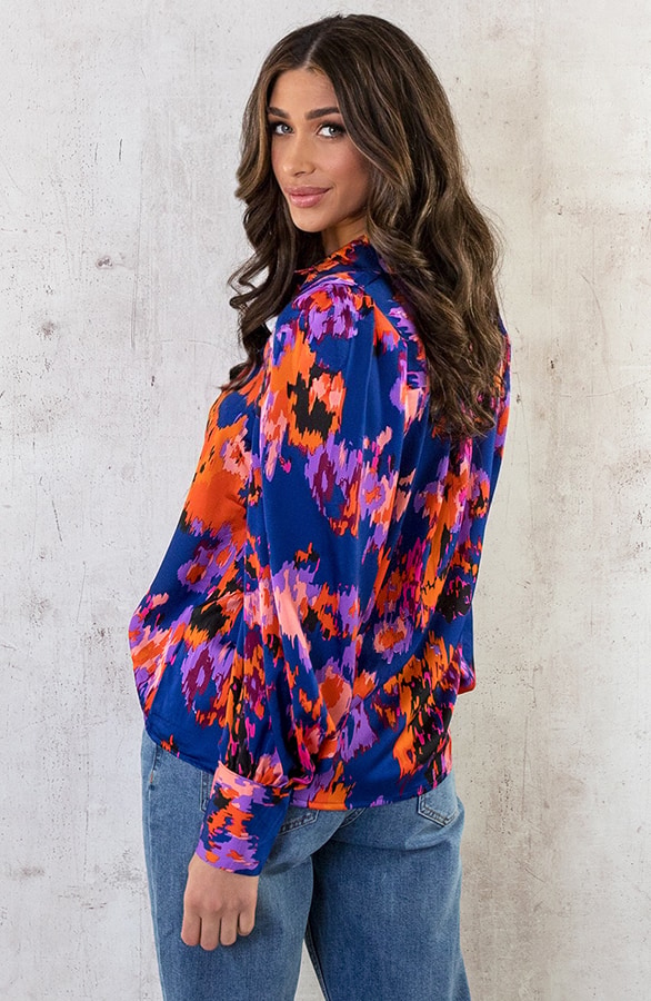 Knopen Print Blouse Kobalt Oranje – shoparchief, foto 6