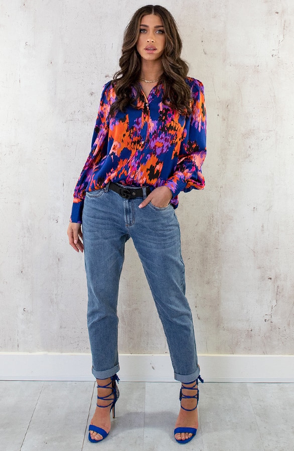 Knopen Print Blouse Kobalt Oranje – shoparchief, foto 7