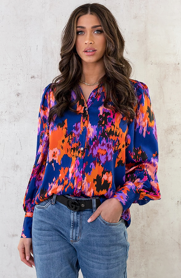 Knopen Print Blouse Kobalt Oranje – shoparchief, foto 4
