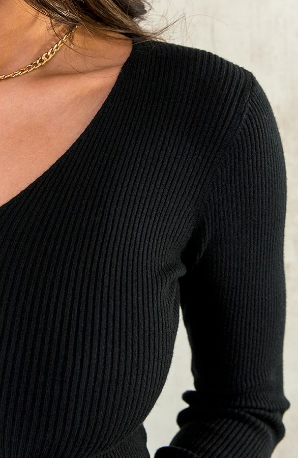 Ribstof V-hals Longsleeve Zwart – shoparchief, foto 6