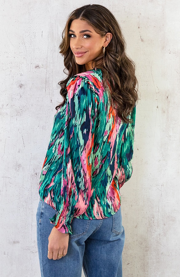 Ruches Print Blouse Groen Roze – shoparchief, foto 3