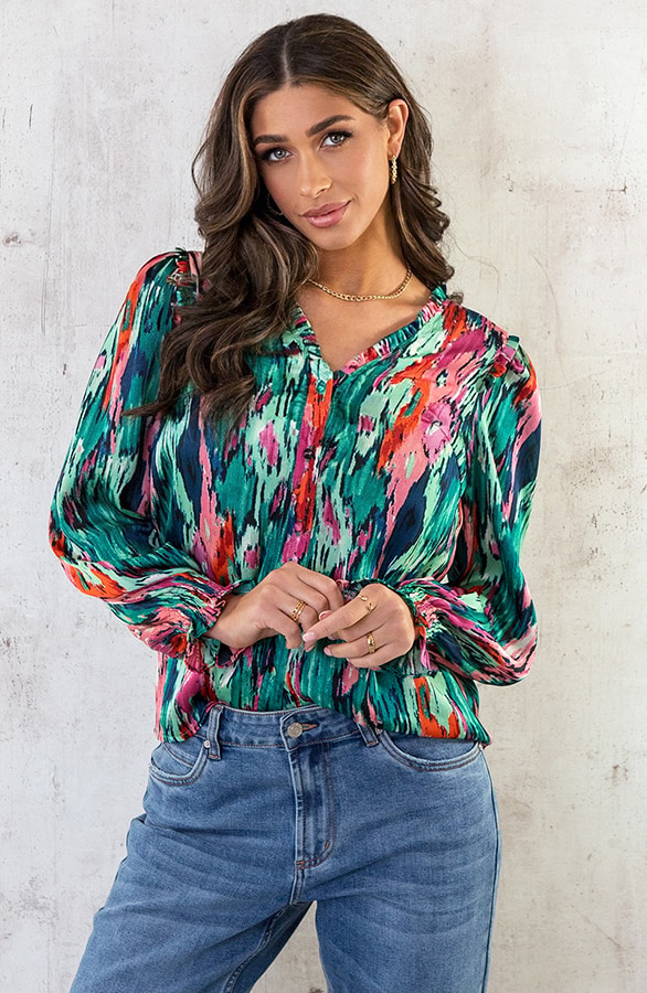 Ruches Print Blouse Groen Roze – shoparchief, foto 2