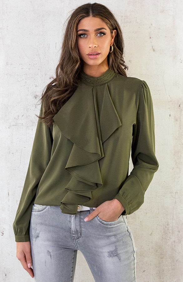 Silky Ruffle Kraag Blouse Army – shoparchief, foto 2