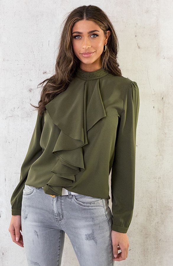 Silky Ruffle Kraag Blouse Army – shoparchief