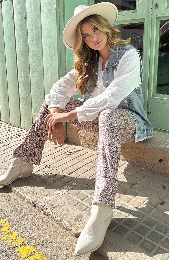 Flared Hose Blumen Creme Rosa, Schlaghosen, Foto 8