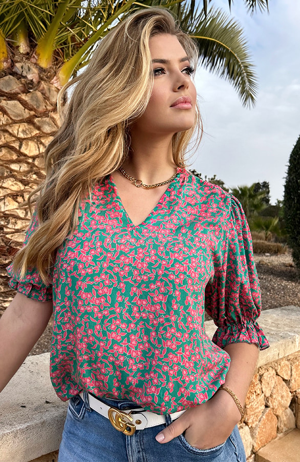Katoenen Bloemen Print Blouse Groen Roze – shoparchief, foto 4