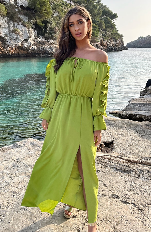 Maxi Off Shoulder Ruffle Jurk Olive – shoparchief, foto 5
