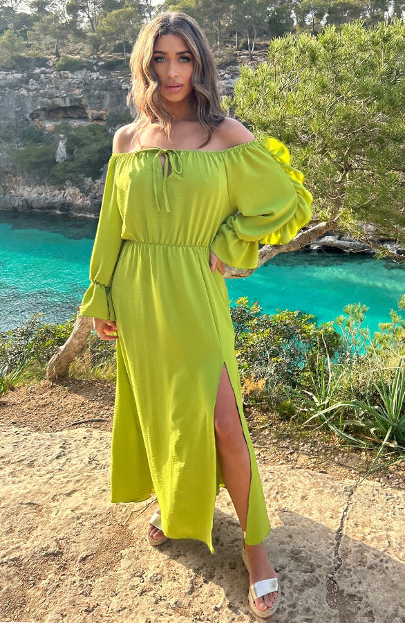 Maxi Off Shoulder Ruffle Jurk Olive – shoparchief, foto 6