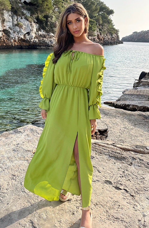 Maxi Off Shoulder Ruffle Jurk Olive – shoparchief, foto 3