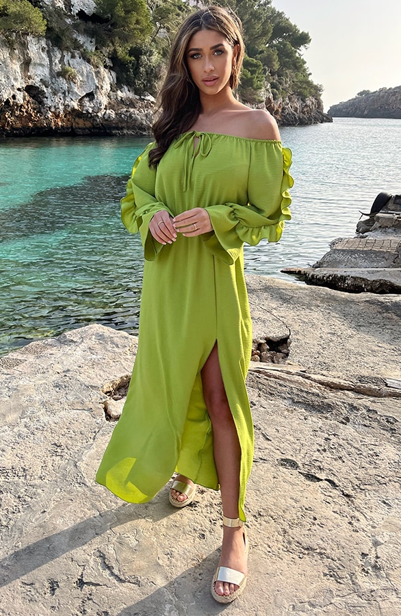 Maxi Off Shoulder Ruffle Jurk Olive – shoparchief, foto 4