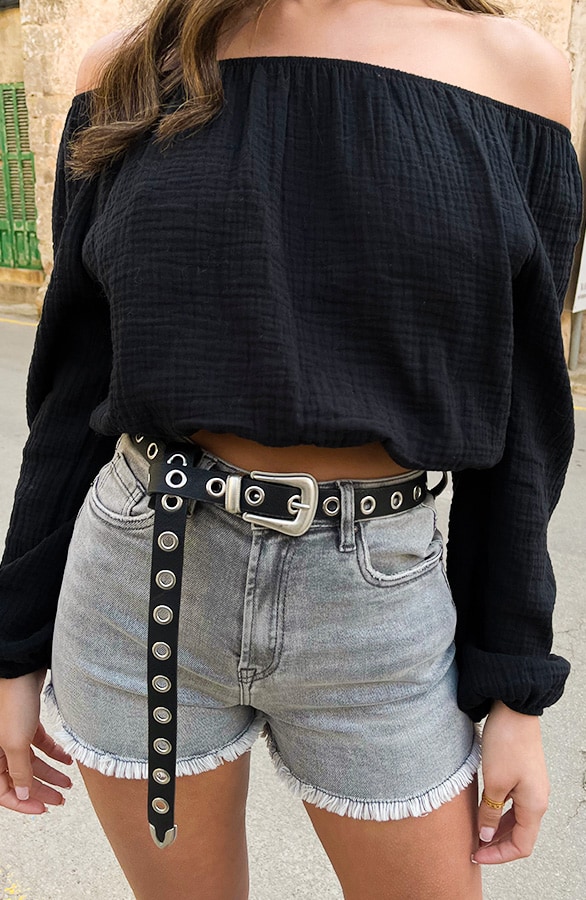 Mousseline Off-Shoulder Top Zwart – shoparchief, foto 8
