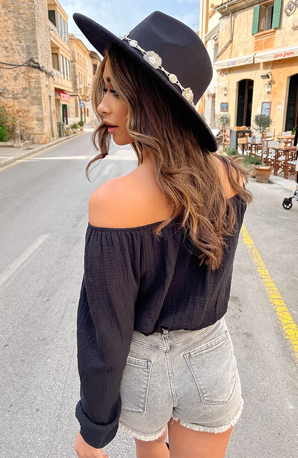 Mousseline Off-Shoulder Top Zwart – shoparchief, foto 7