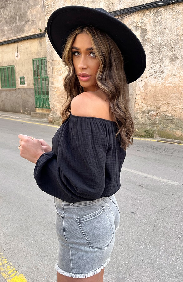 Mousseline Off-Shoulder Top Zwart – shoparchief, foto 5