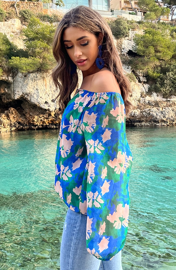 Off Shoulder Blouse Tropical Kobalt – shoparchief, foto 6