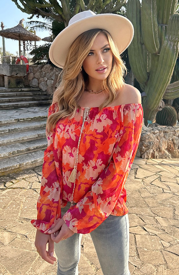Off Shoulder Blouse Tropical Oranje – shoparchief, foto 3