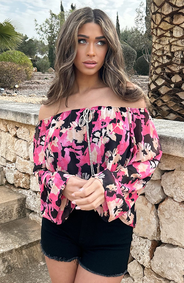 Off Shoulder Blouse Tropical Zwart Fuchsia – shoparchief, foto 4