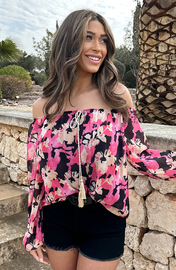 Off Shoulder Blouse Tropical Zwart Fuchsia – shoparchief, foto 5