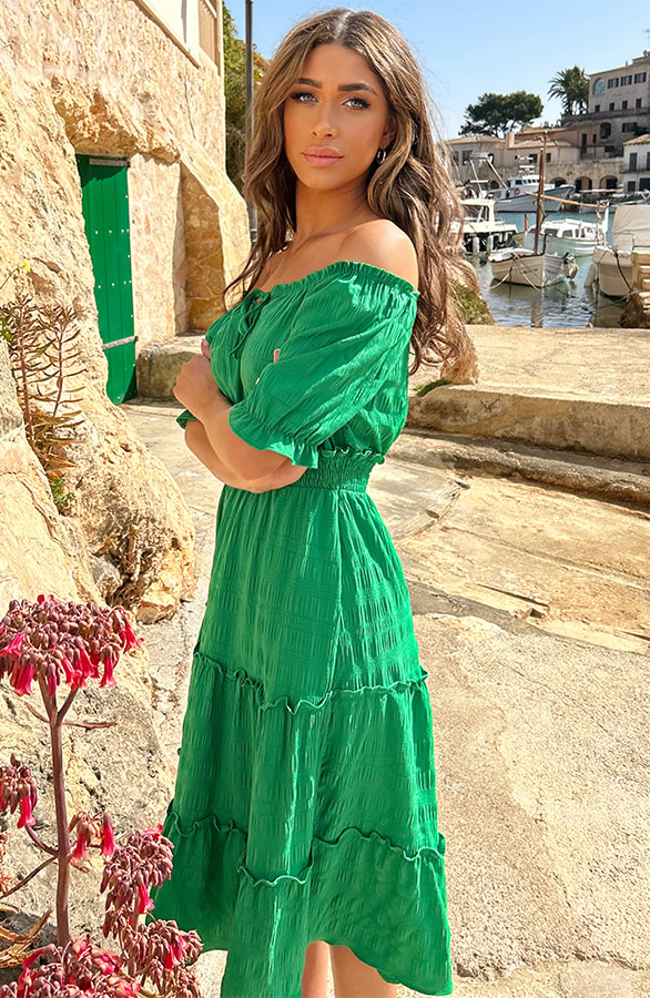 Offshoulder Laagjes Jurk Bright Green – jurken
