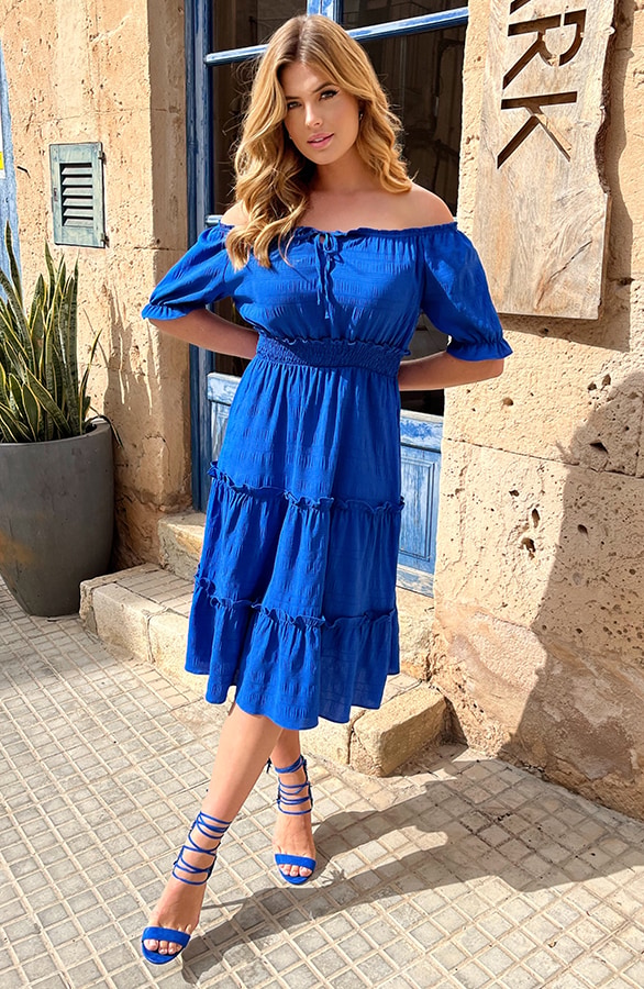 Offshoulder Laagjes Jurk Kobalt – shoparchief