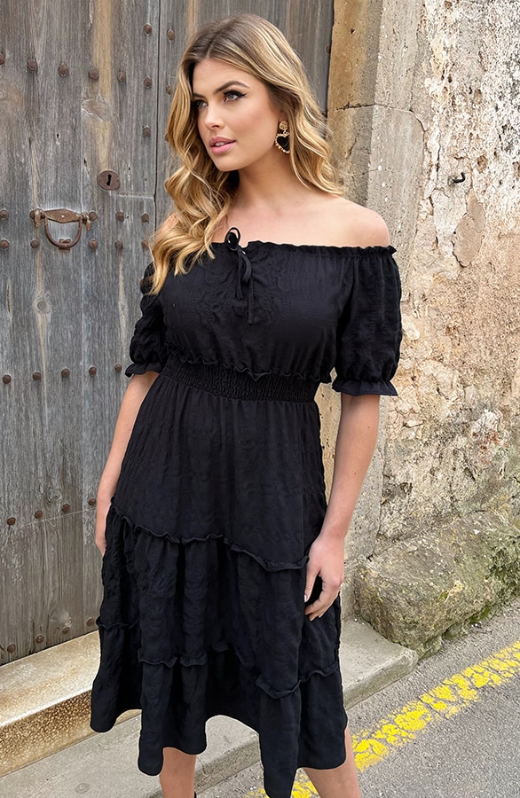 Offshoulder Laagjes Jurk Zwart – shoparchief, foto 3