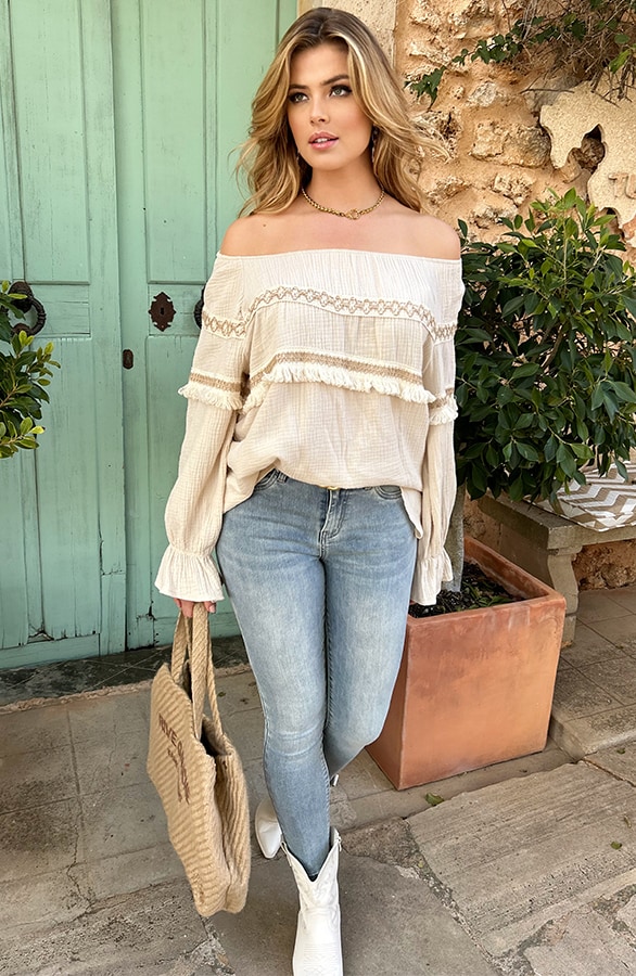 Oversized Off Shoulder Boho Blouse Beige – shoparchief, foto 9