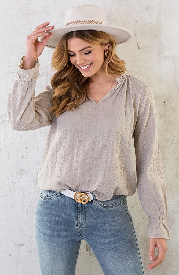 Embroidery V-hals Blouse Beige – shoparchief, foto 3