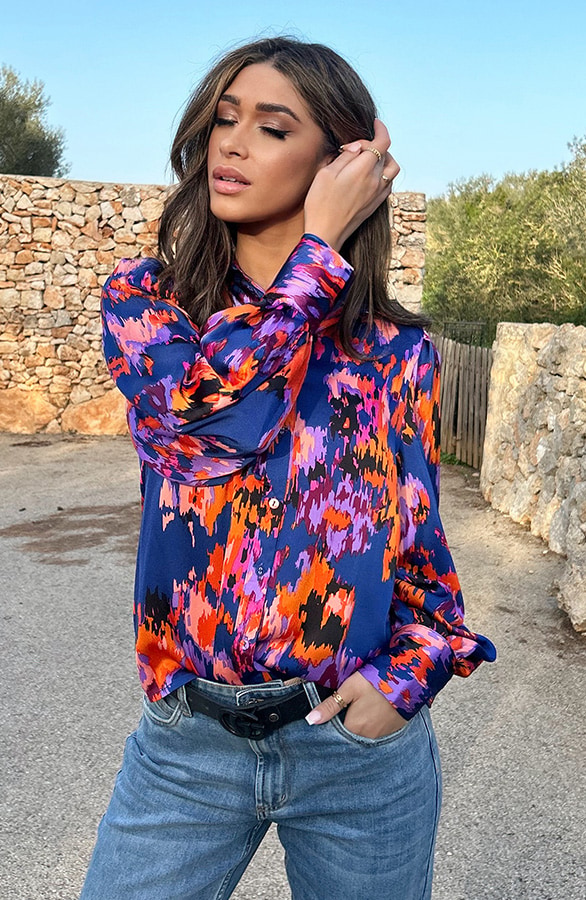 Knopen Print Blouse Kobalt Oranje – shoparchief, foto 12