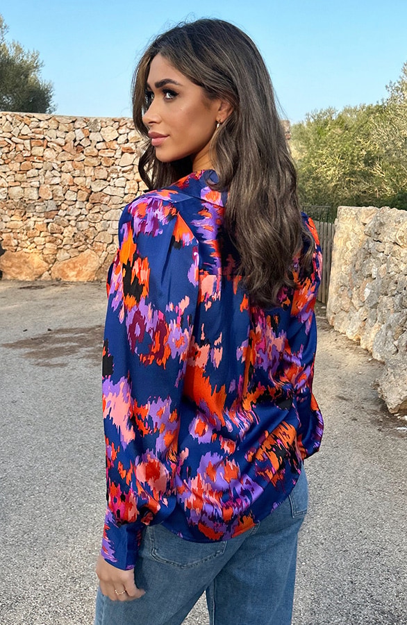 Knopen Print Blouse Kobalt Oranje – shoparchief, foto 13
