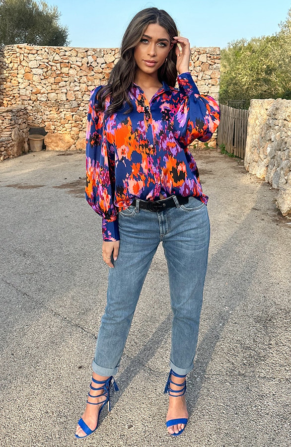 Knopen Print Blouse Kobalt Oranje – shoparchief, foto 14