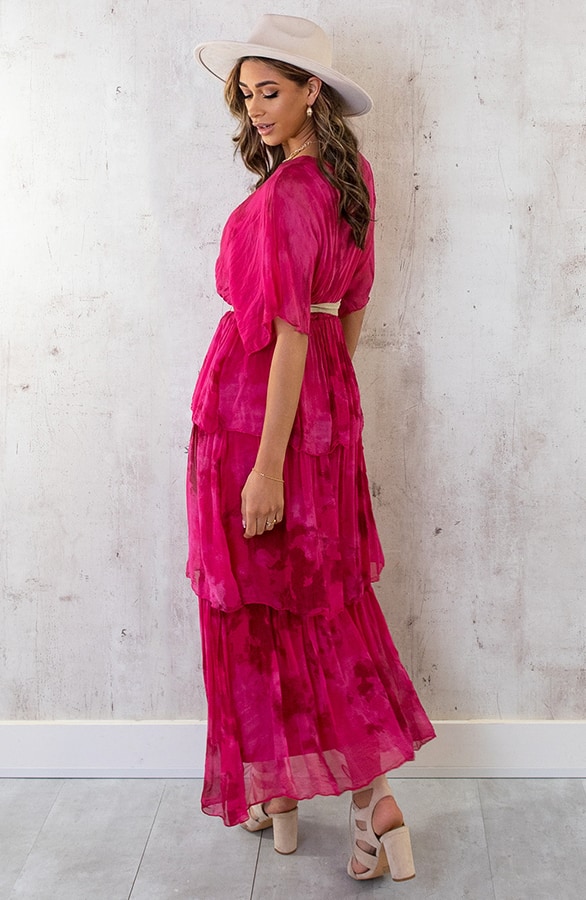 Limited Zijde Maxi Jurk Fuchsia – shoparchief, foto 5