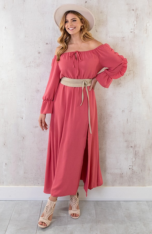 Maxi Off Shoulder Ruffle Jurk Dust Roze – shoparchief