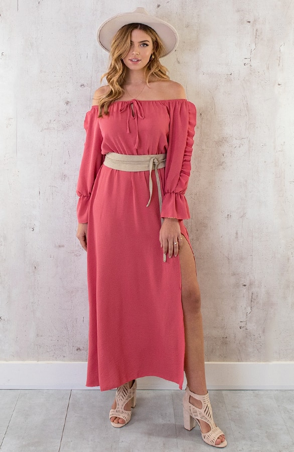 Maxi Off Shoulder Ruffle Jurk Dust Roze – shoparchief, foto 2