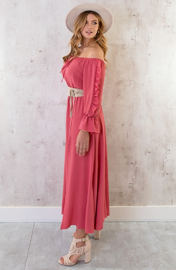 Maxi Off Shoulder Ruffle Jurk Dust Roze – shoparchief, foto 4